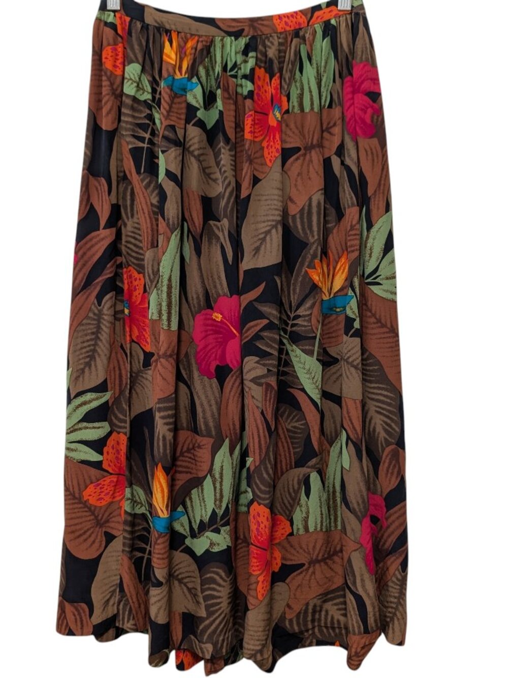 Vintage Womens Size 10 Brown Tropical Floral 100% Silk Pleated Midi Skirt